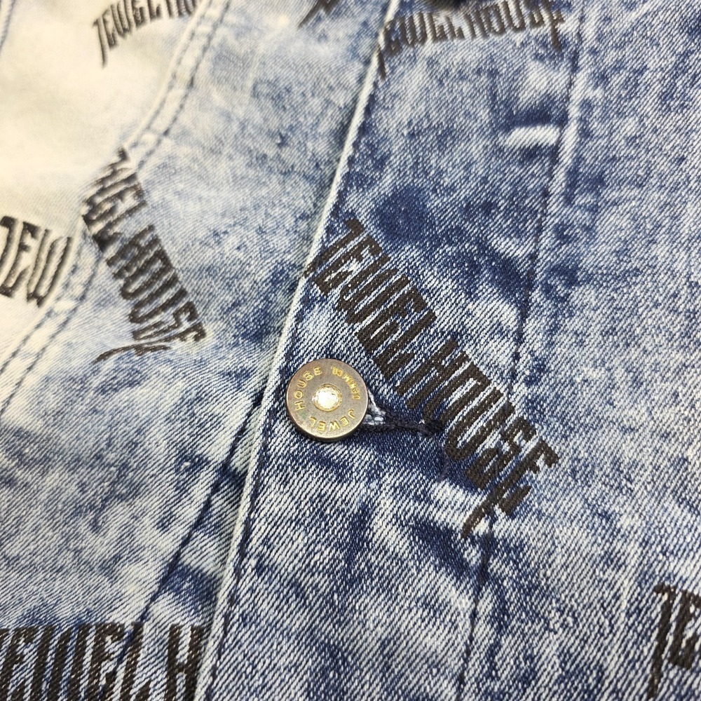 Jewel House AOP Logo Jean Jacket Distressed Wash Denim Button Vest Men's XL - Picture 6 of 10
